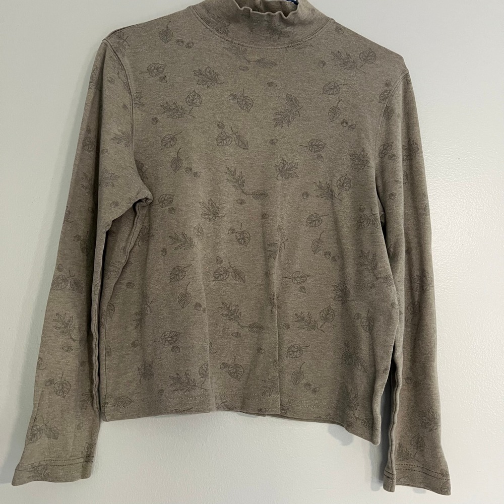 Croft & Barrow Petite Taupe Leaf‎ Mock Neck Cotton Long Sleeve Top PS naturecore